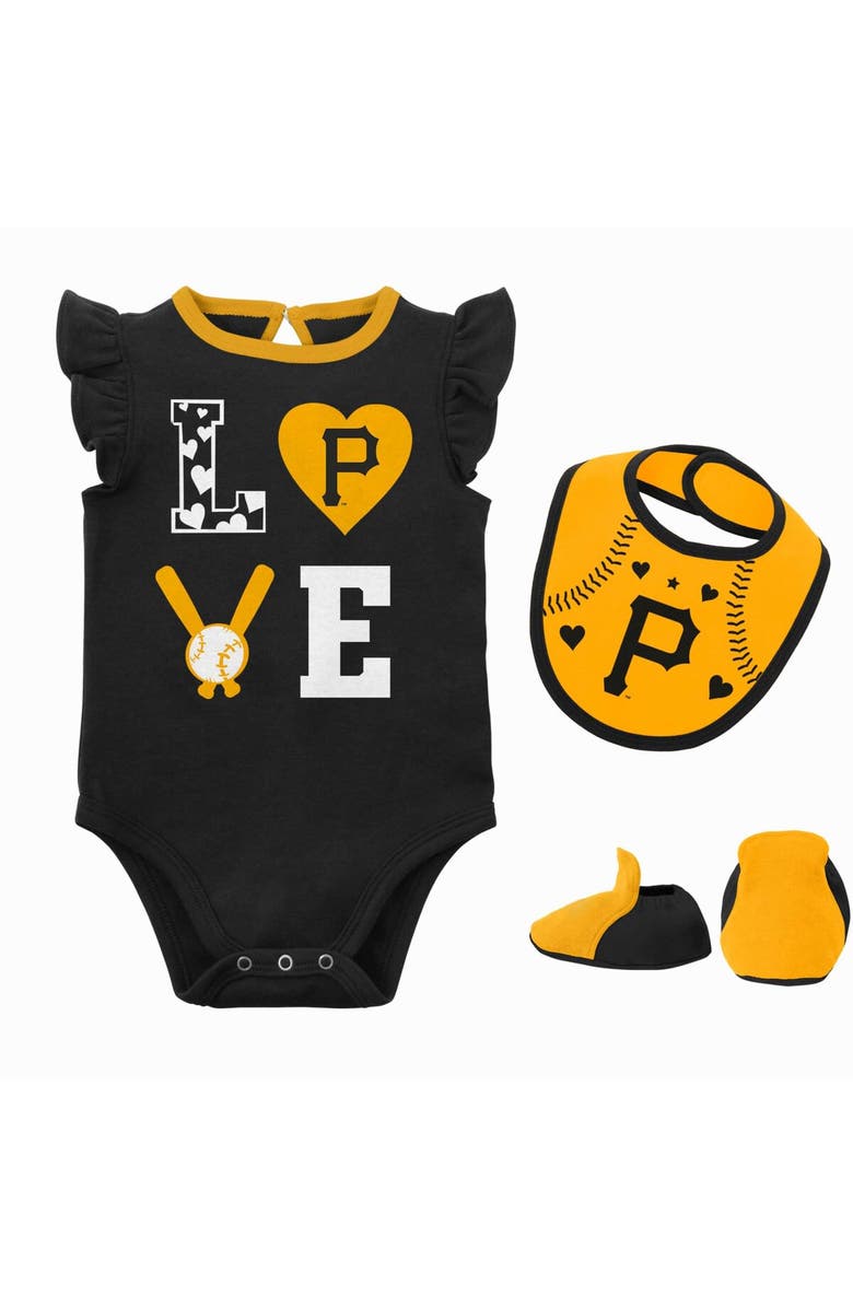 Outerstuff Newborn & Infant Black/Gold Pittsburgh Pirates Three-Piece Love of Baseball Bib Bodysuit & Booties Set, Main, color,