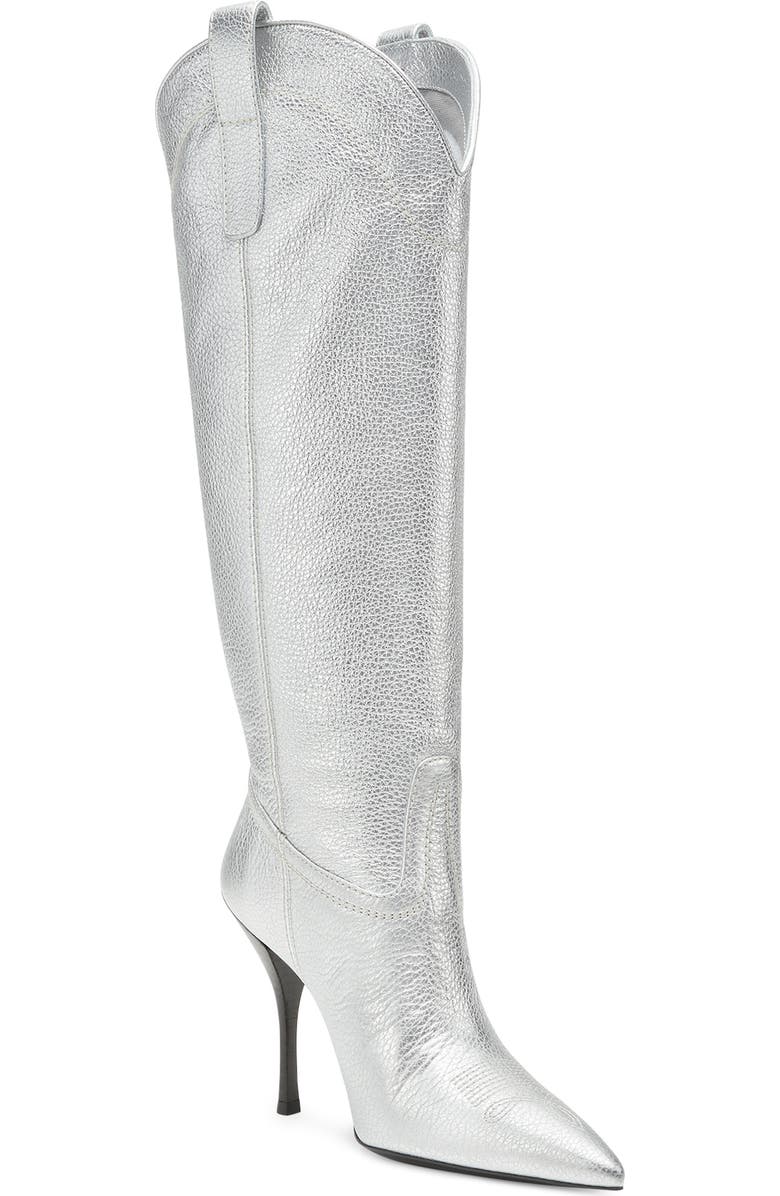Stuart Weitzman Outwest Knee High Pointed Toe Boot, Main, color, Silver