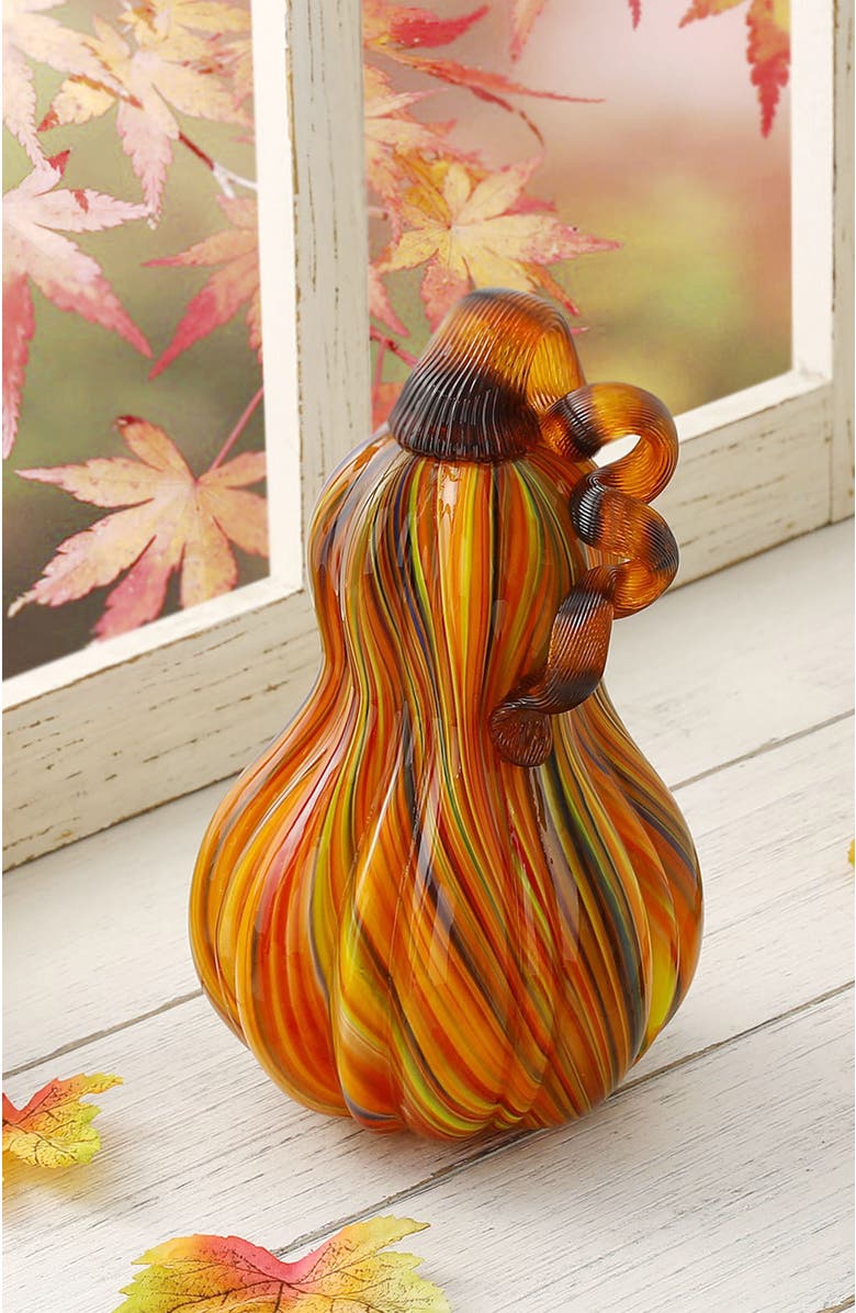 Glitzhome Fall Multi Stripes Glass Gourd Pumpkins, Alternate, color, Brown