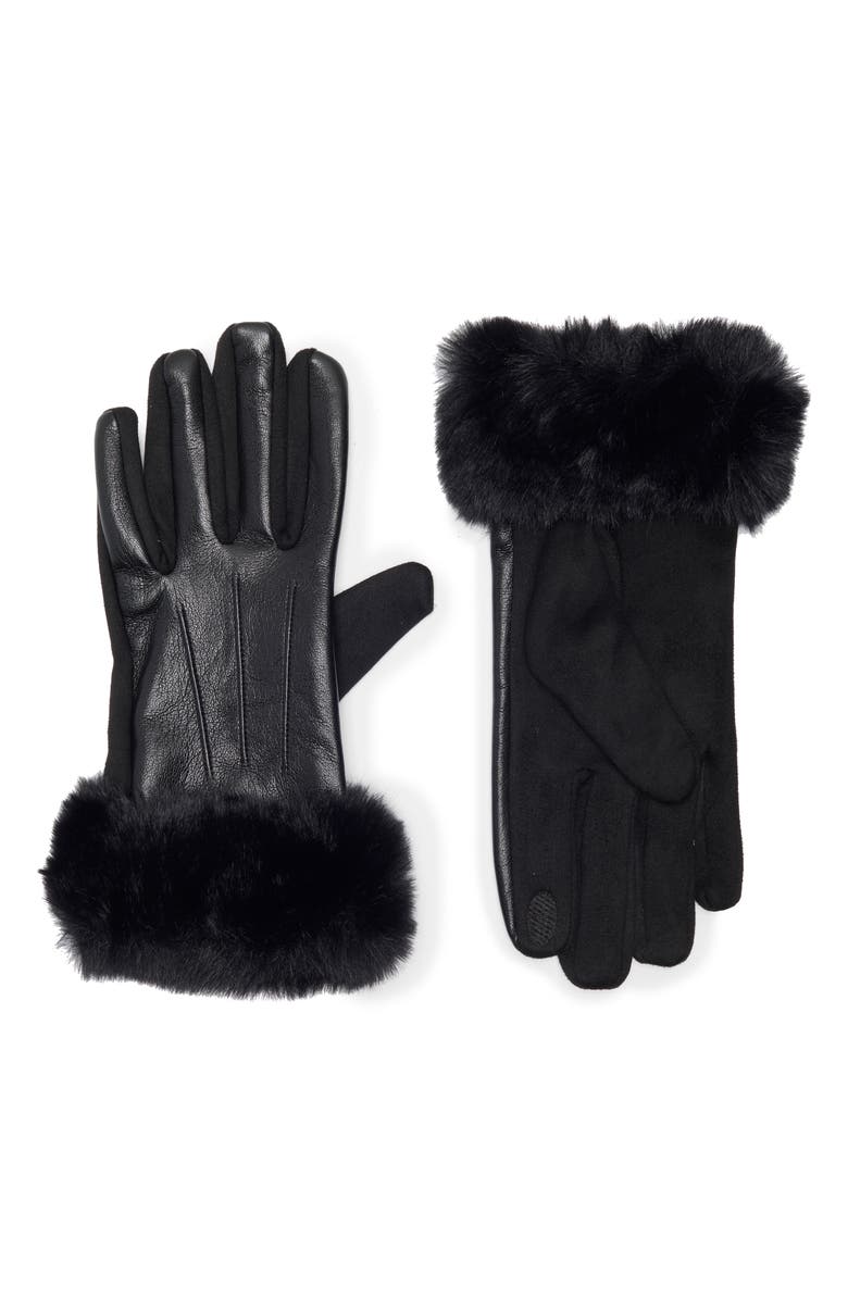 Vince Camuto Faux Fur Cuff Faux Leather Gloves, Main, color, Black