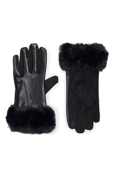 Faux Fur Cuff Faux Leather Gloves