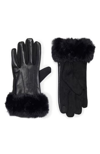 Vince Camuto Faux Fur Cuff Faux Leather Gloves In Black