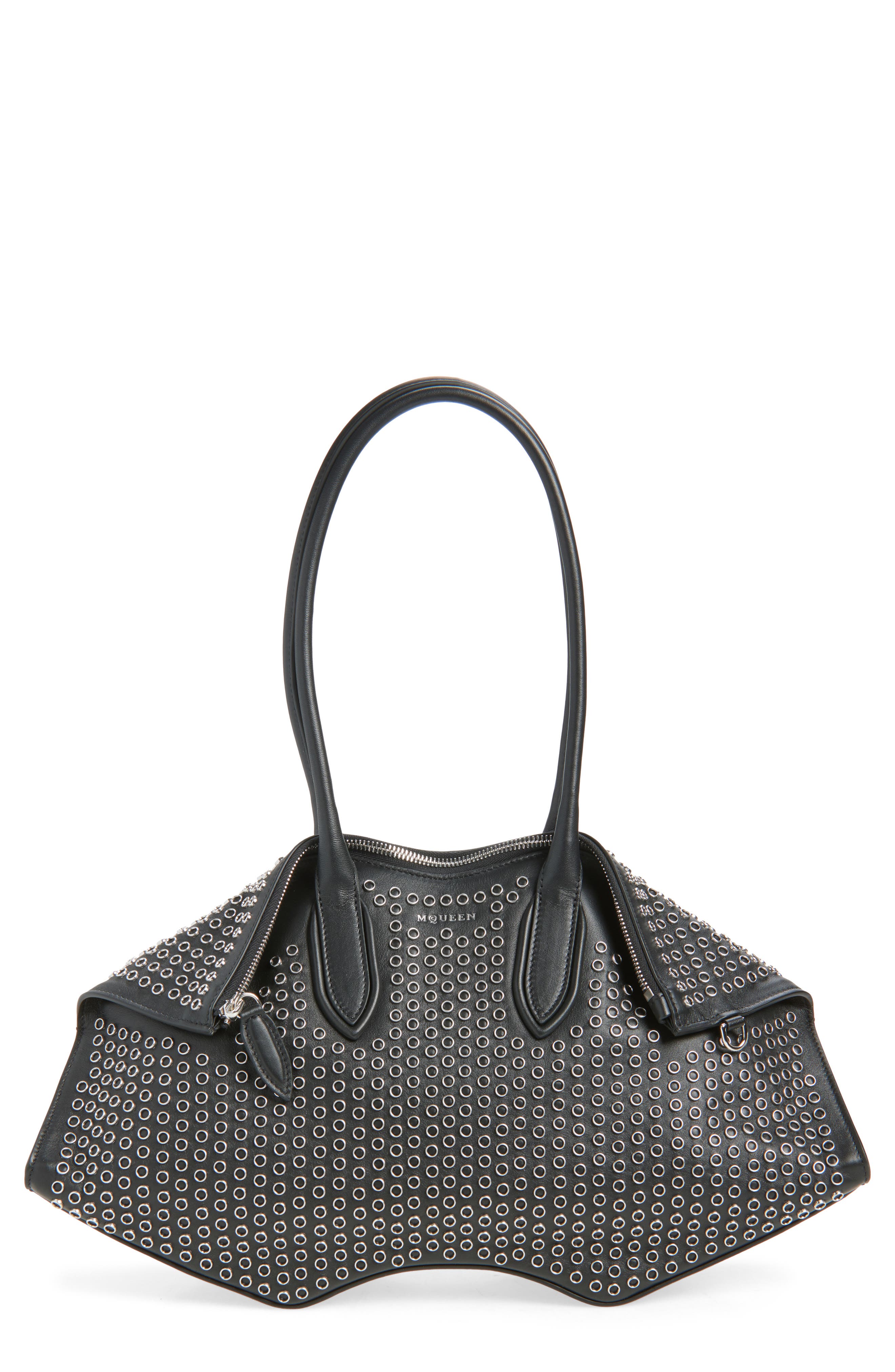 McQueen Medium Manta Grommet Leather Handbag, Main, color, Black/ Silver