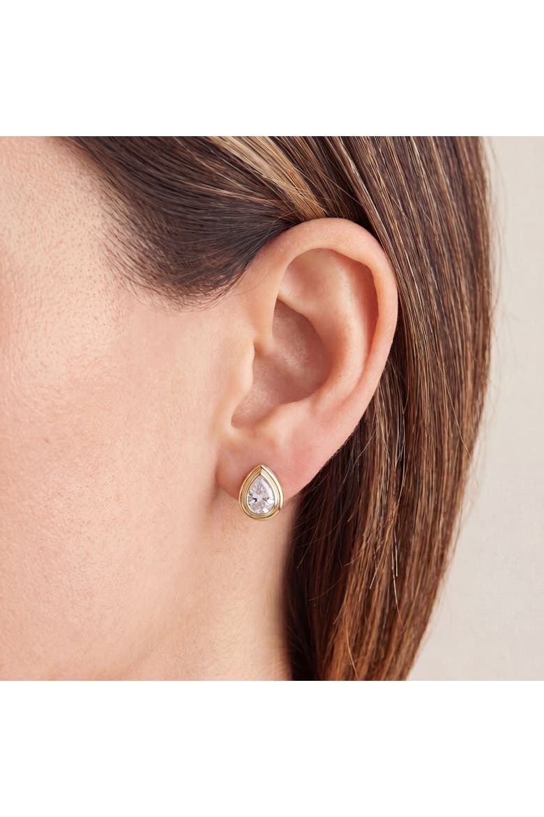 CZ Pear Double Bezel Stud Earrings, Alternate, color, Gold Plated Sterling Silver