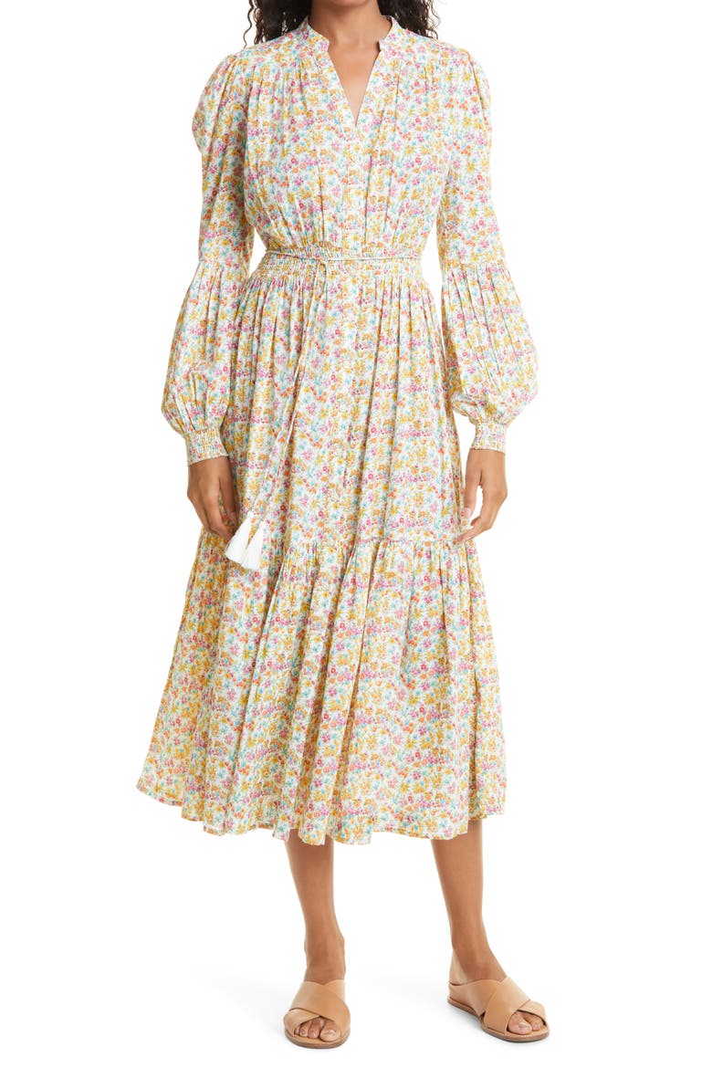 Flower Garden Long Sleeve Cotton Midi Dress, Main, color, FLOWER GARDEN