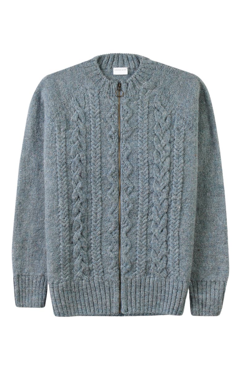 Celtic & Co. Wool Zip Cardigan with Cable Knit, Alternate, color, Skylight