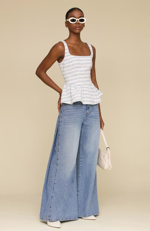 Avec Les Filles Stripe Peplum Cotton Blend Top In Blue Cream