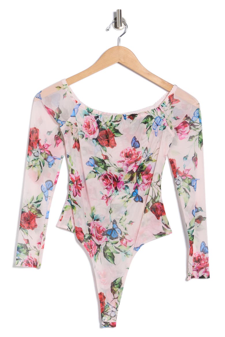 Peonie Off the Shoulder Long Sleeve Mesh Bodysuit, Alternate, color, LIGHT PINK MULTI FEMME ROSE