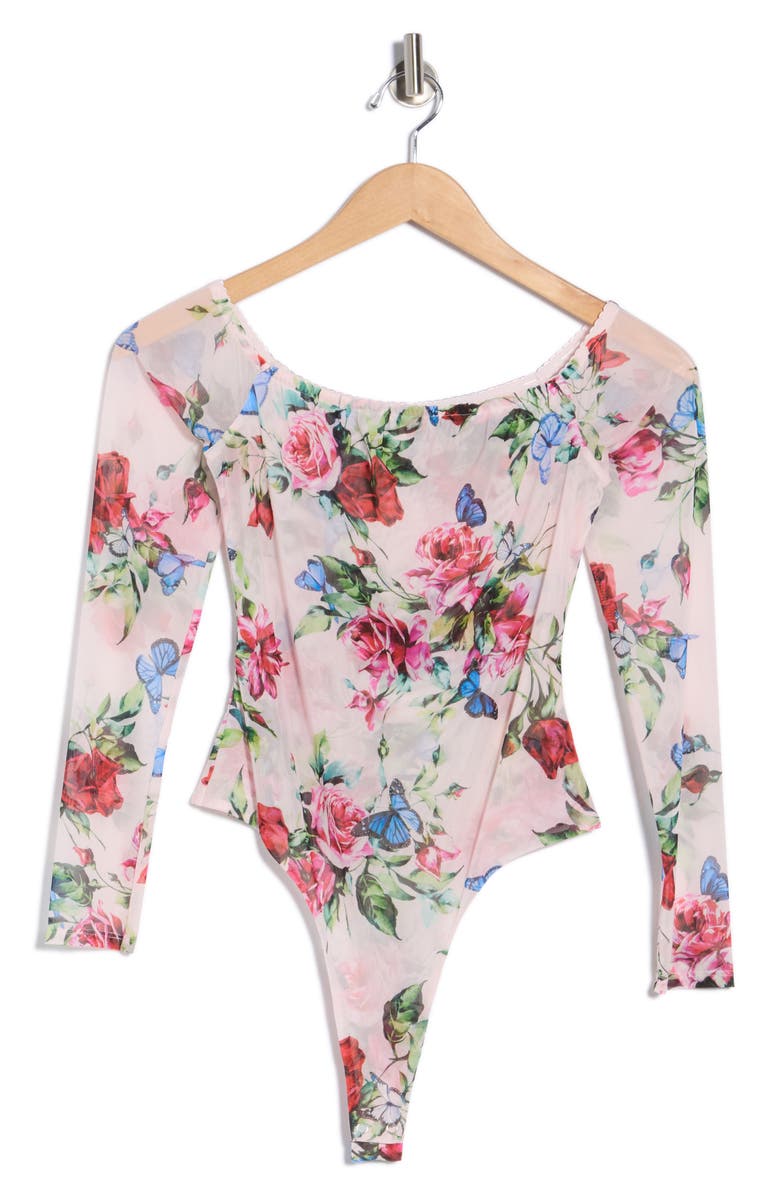 L'AGENCE Peonie Off the Shoulder Long Sleeve Mesh Bodysuit, Alternate, color, Light Pink Multi Femme Rose
