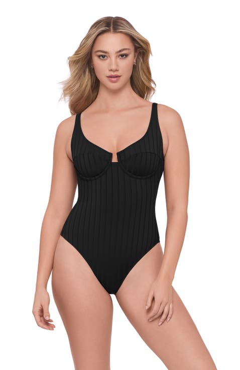 Wide Rib Scoop Neck Underwire One Piece Swimsuit