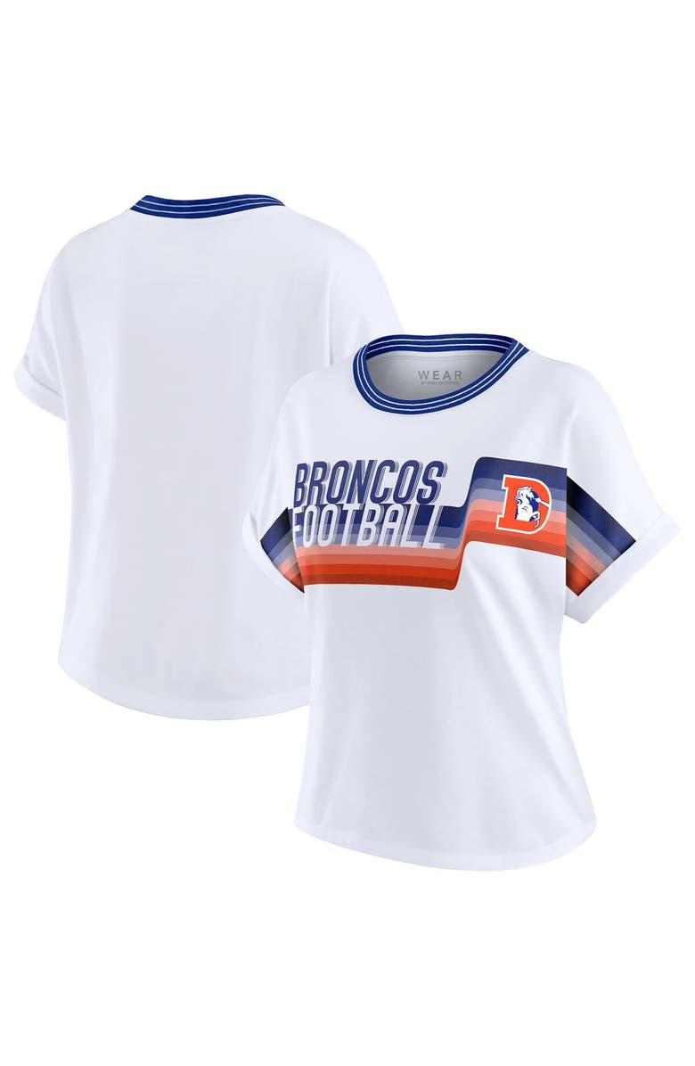 WEAR by Erin Andrews Women's WEAR by Erin Andrews White Denver Broncos Cropped Center Stripe Dolman T-Shirt, Main, color, White