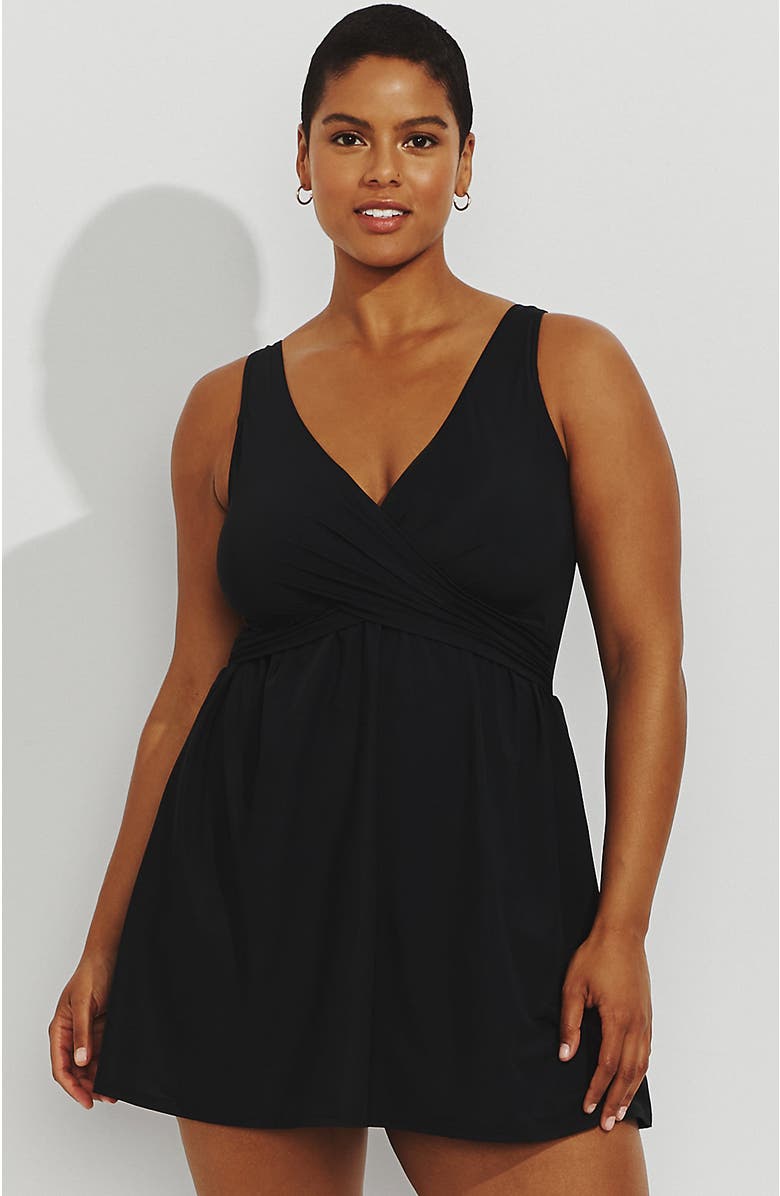 Lands' End SlenderSuit V-neck Wrap Swim Dress One Piece Swimsuit Adjustable Straps, Main, color, Black