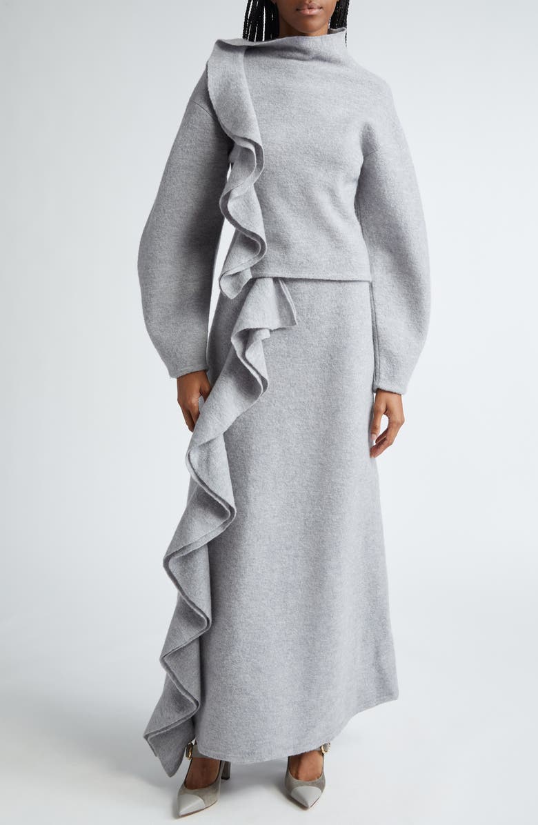 Ulla Johnson Mireya Cascade Ruffle Wool Maxi Sweater Skirt, Alternate, color, Heather Grey