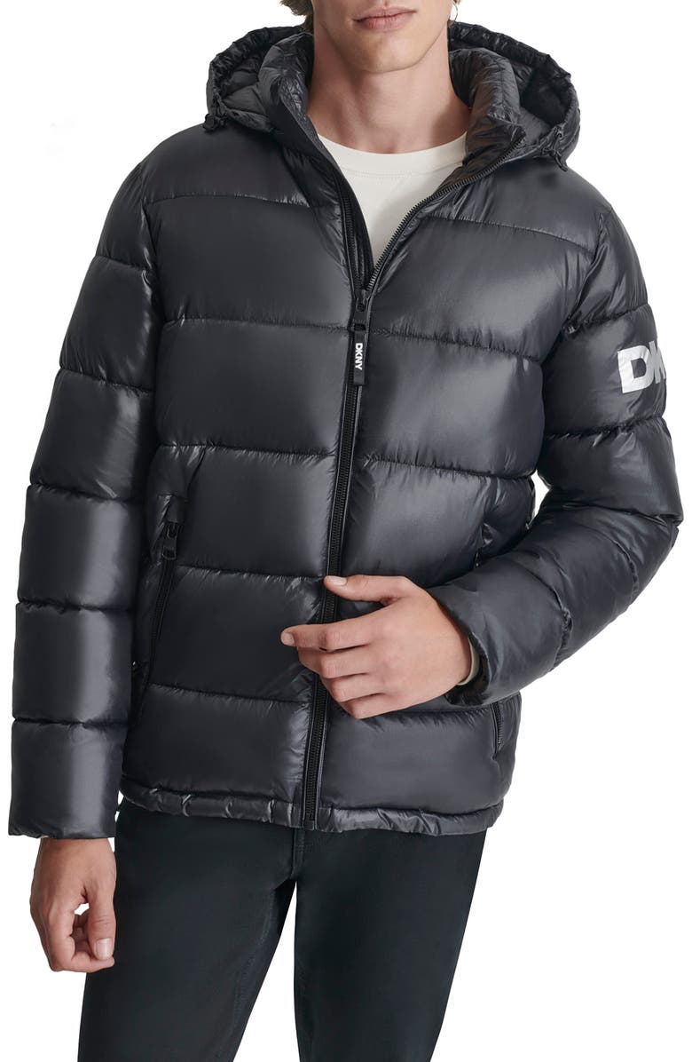 DKNY Hooded Nylon Puffer Jacket, Main, color, Black