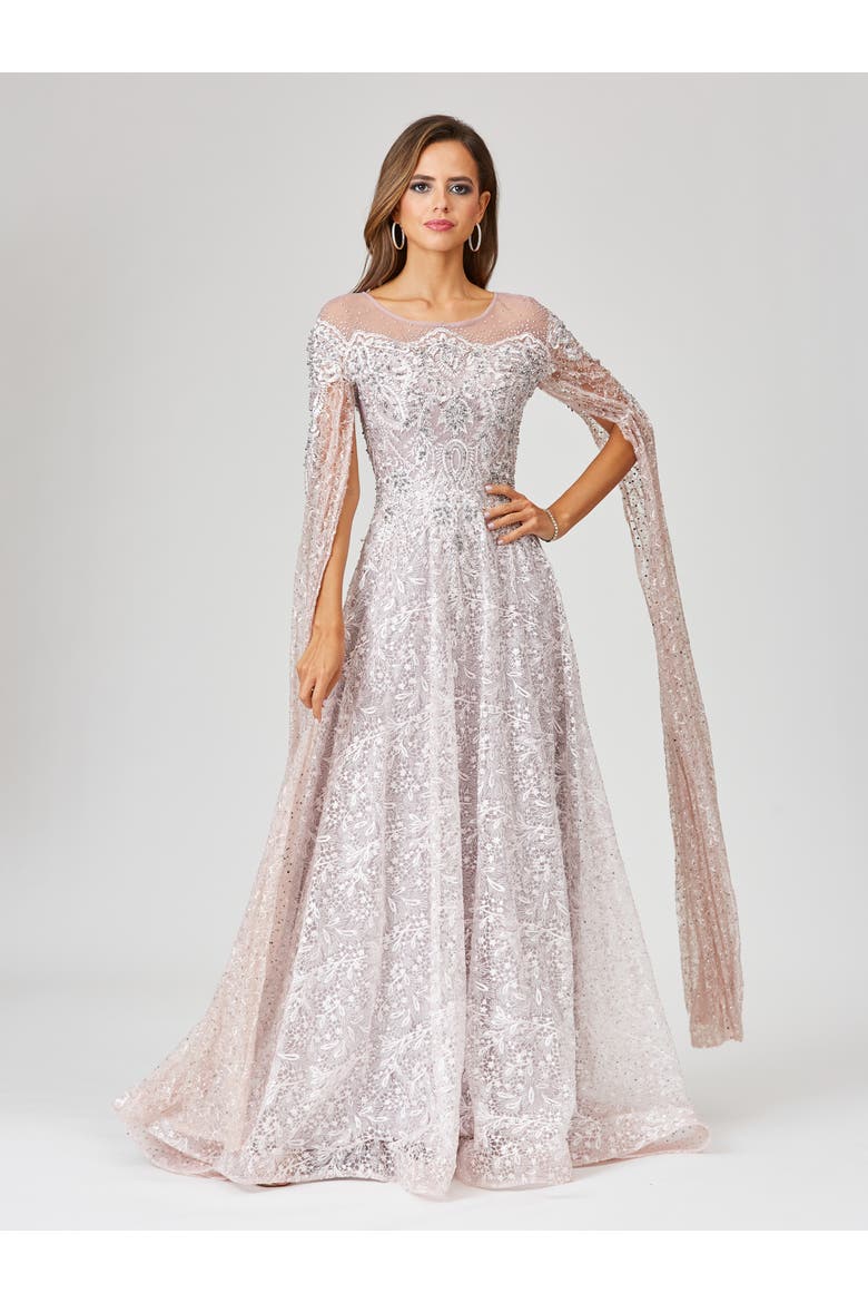 Lace Gown with Dramatic Cape Sleeves, Main, color, PowderPink