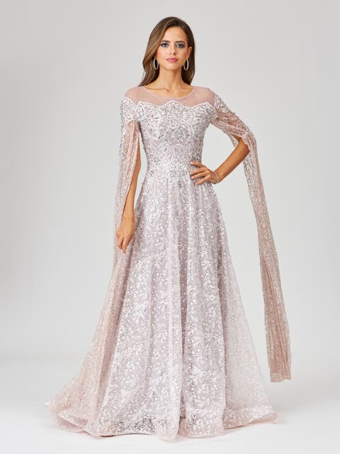 Lace Gown with Dramatic Cape Sleeves