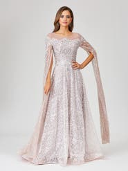 LARA New York Lace Gown with Dramatic Cape Sleeves