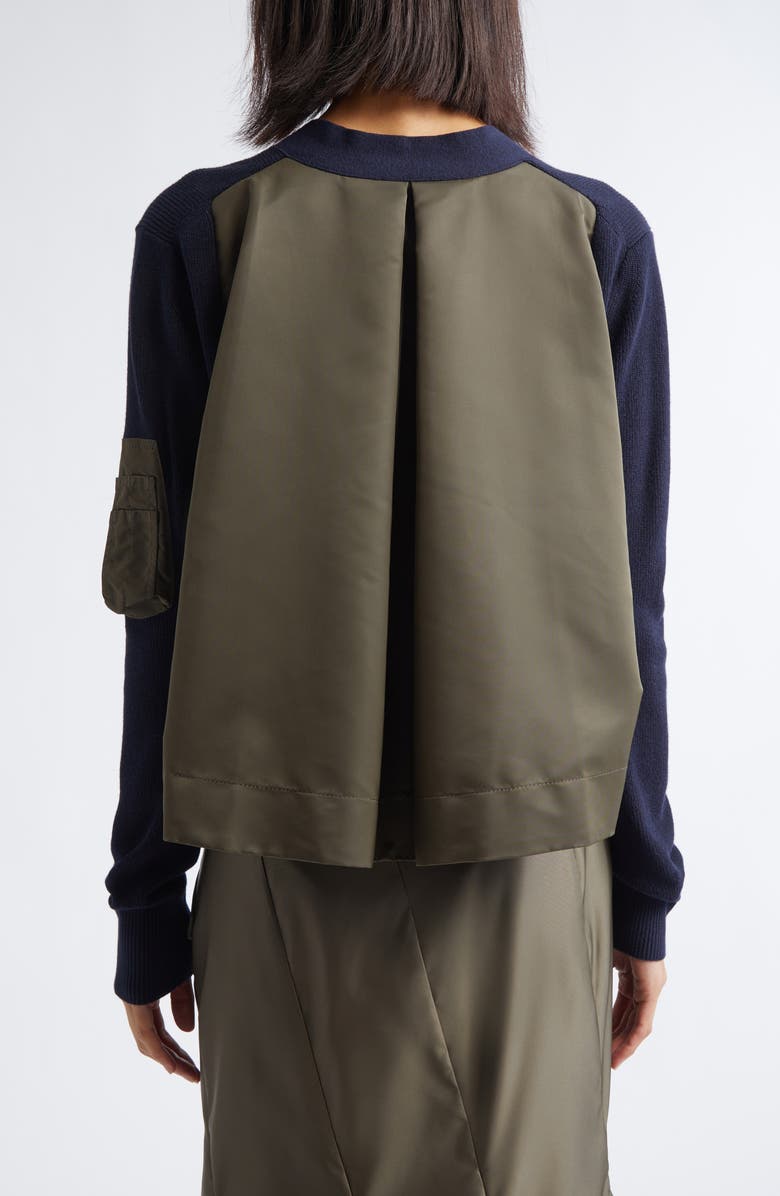 Sacai Mixed Media Nylon Twill & Knit Cardigan, Alternate, color, Navy/ Dark Khaki