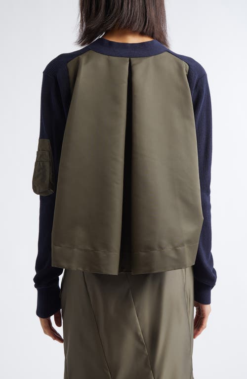 Sacai Mixed Media Nylon Twill & Knit Cardigan In Blue