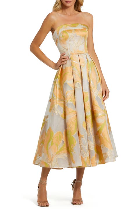 Strapless Floral Print Brocade Midi Dress