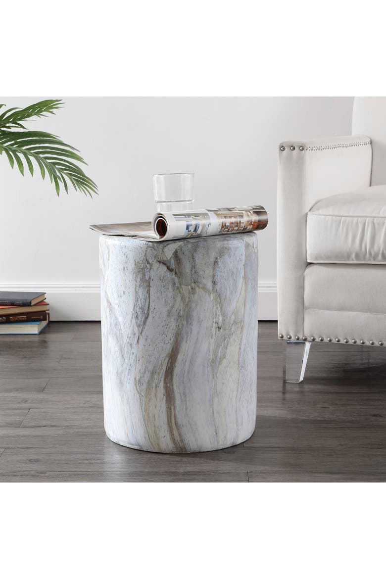 Troy Modern Faux Marble Cylinder Accent Table, Round Pedestal End Table & Decorative Indoor Stool for Living Room, Alternate, color, Gray/Gold