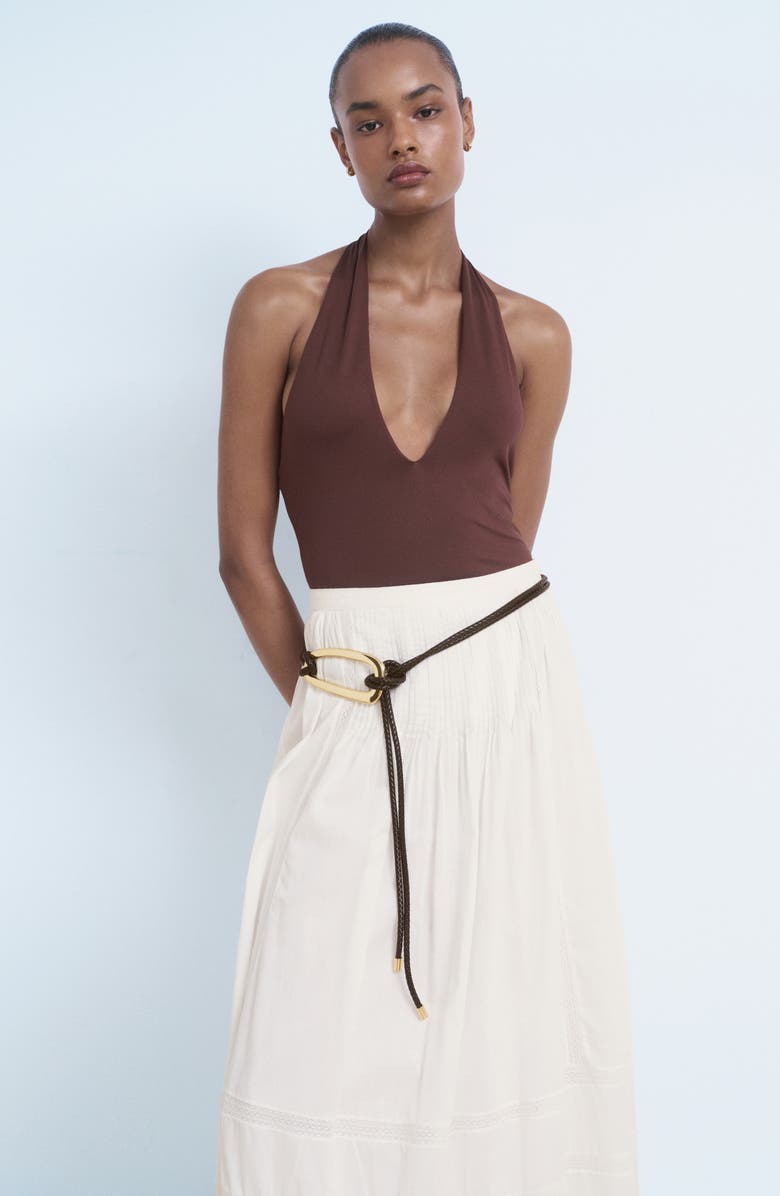 MANGO Pleated Lace Trim Cotton Midi Skirt, Alternate, color, White