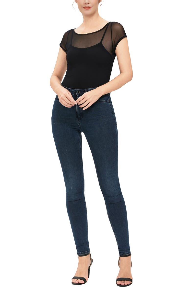 Sheer Mesh Short Sleeve Bodysuit Top, Alternate, color, Black