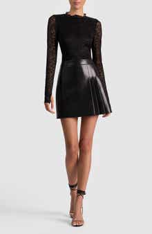 Alice + Olivia Chara Long Sleeve Lace & Faux Leather Mixed Media Minidress