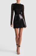 Alice + Olivia Chara Long Sleeve Lace & Faux Leather Mixed Media Minidress