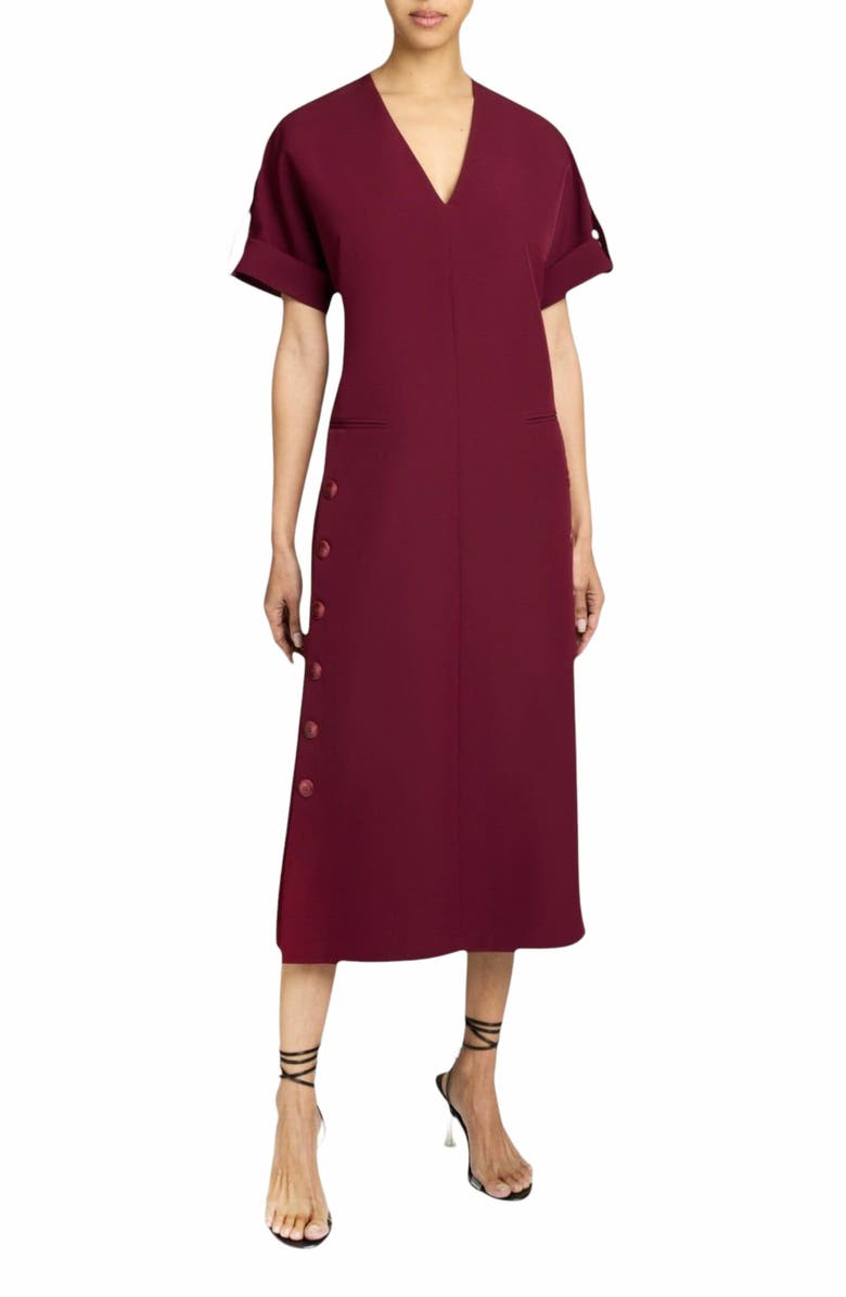 Santorelli SERAFINA Short Sleeve Midi Shift Dress with Side Skirt Buttons in Soft Stretch Crepe, Main, color, Cherry Cola