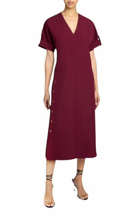 SERAFINA Short Sleeve Midi Shift Dress with Side Skirt Buttons in Soft Stretch Crepe