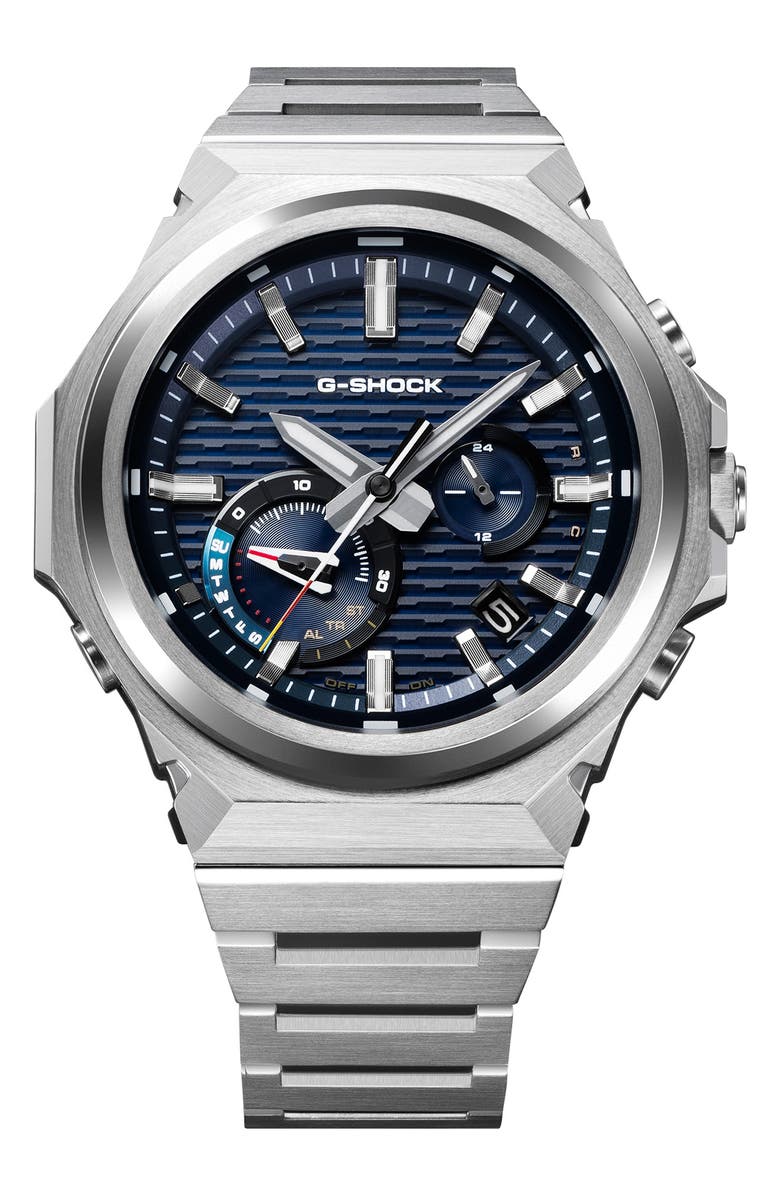 G-SHOCK GST-B1000D-2A Blue Smartphone Linked Solar Bracelet Watch, 46.9mm x 44.2mm, Main, color, Silver