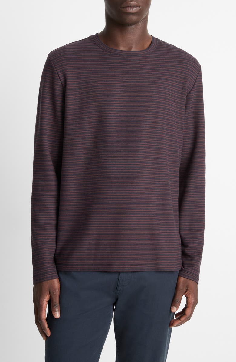 Vince Stripe Long Sleeve Pima Cotton Piqué Crewenck T-Shirt, Main, color, Coastal/ Port