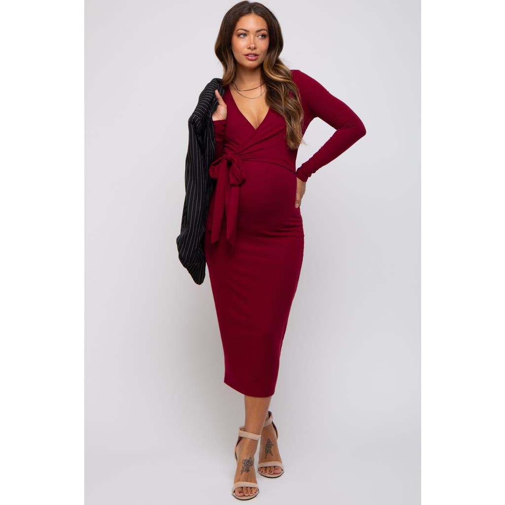 Pinkblush Ribbed Long Sleeve Wrap Dress In Burgundy
