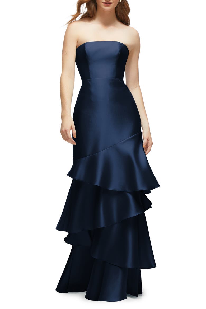 Ruffle Strapless Tiered Satin Twill Gown, Main, color, MIDNIGHT