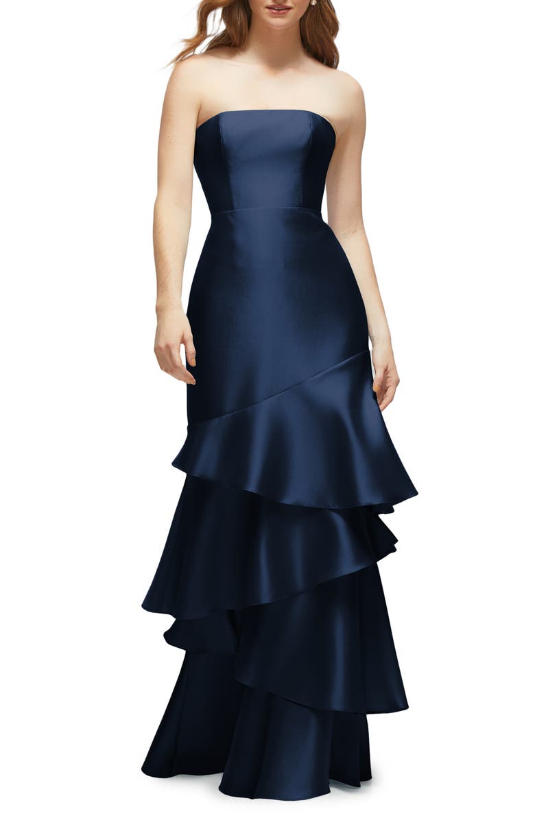 Dessy Collection Ruffle Strapless Tiered Satin Twill Gown, Main, color, Midnight