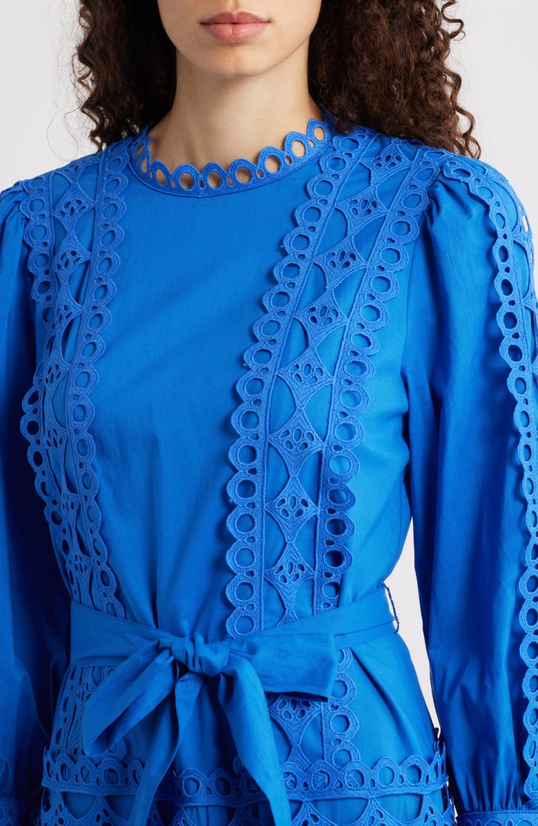 LAYERED WITH LOVE Linda Eyelet Trim Long Sleeve Cotton Minidress, Alternate, color, Cobalt