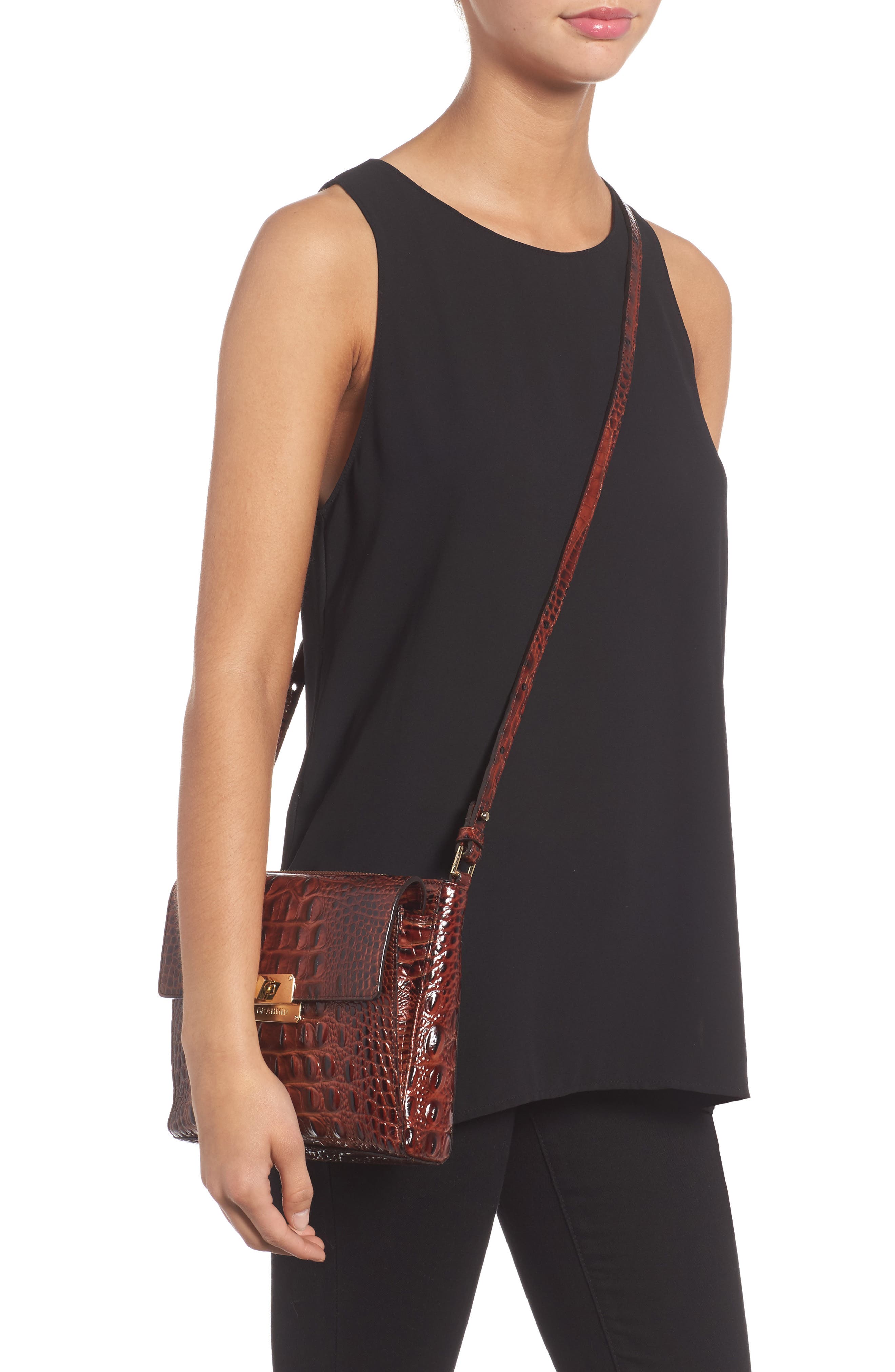 Melbourne Manhattan Croc Embossed Leather Crossbody Bag, Alternate, color, PECAN