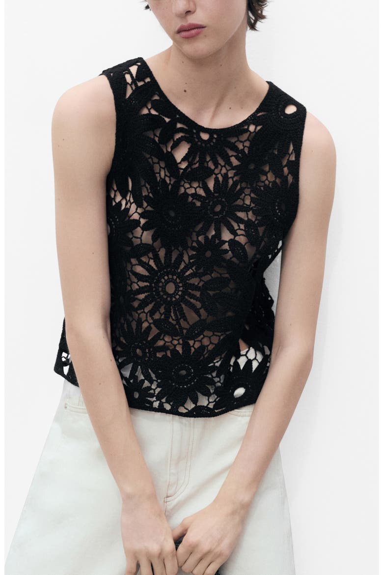Floral Sheer Cotton Blend Lace Tank Top, Main, color, BLACK