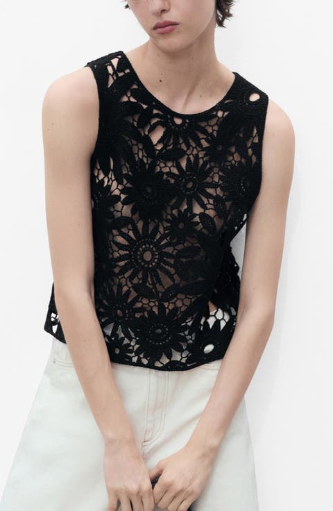 Floral Sheer Cotton Blend Lace Tank Top
