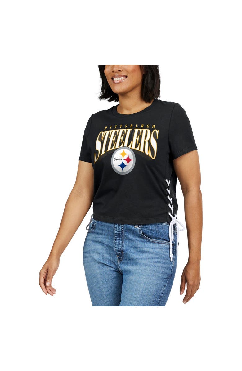 WEAR by Erin Andrews Women's WEAR by Erin Andrews Black Pittsburgh Steelers Lace Up Side Modest Cropped T-Shirt, Alternate, color, Black