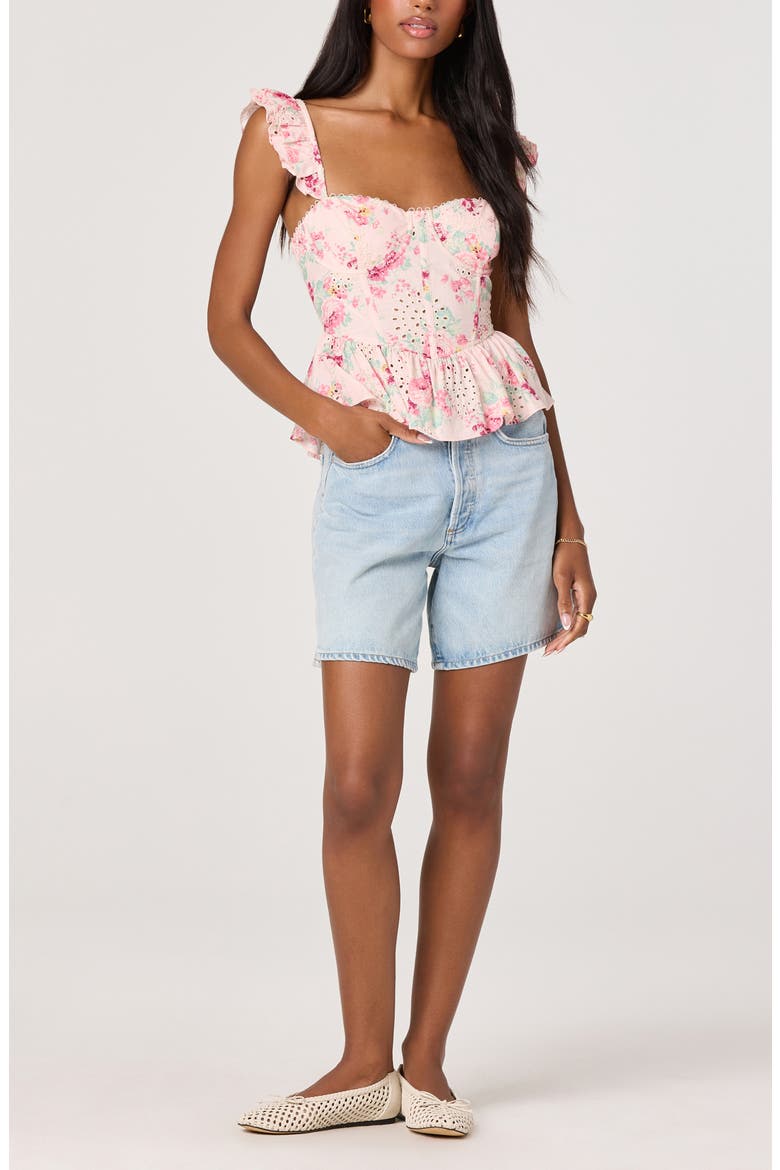 Baylin Floral Eyelet Lace-Up Back Peplum Top, Alternate, color, PINK FLORAL