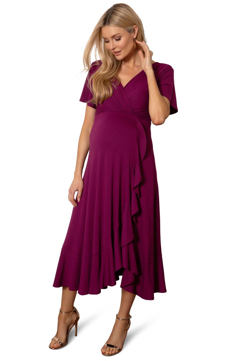 Waterfall Faux Wrap Maternity/Nursing Midi Dress, Alternate, color, PLUM WINE