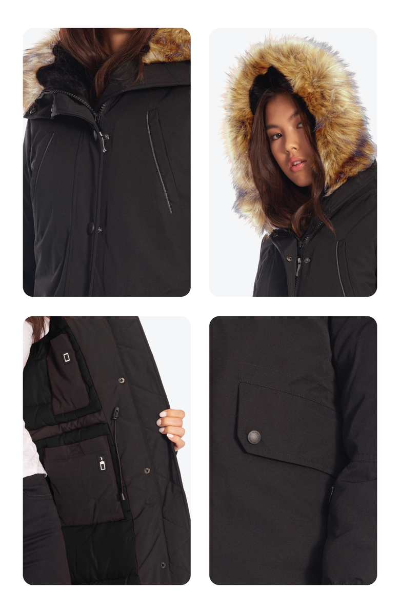 Alpine North LAURENTIAN - Vegan Down Long Parka Winter with Faux Fur Hood, Alternate, color, Black