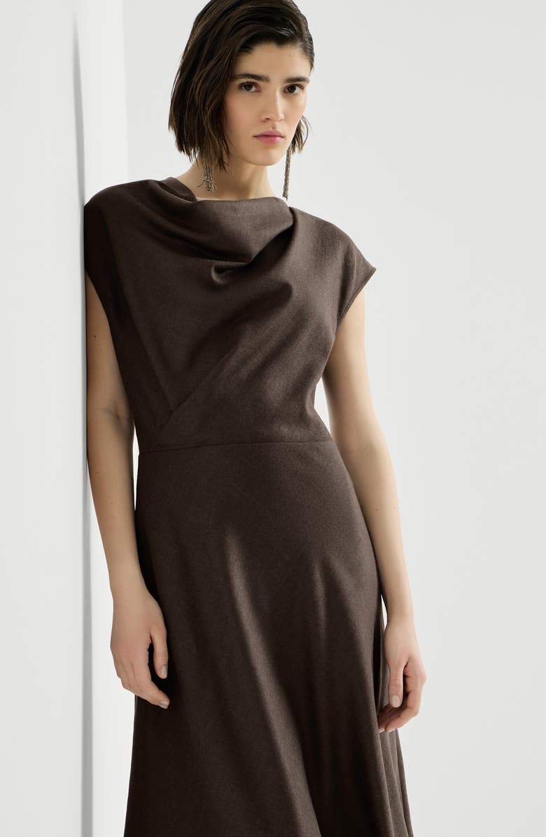 Brunello Cucinelli Virgin wool diagonal flannel wrap-effect dress with monili, Alternate, color, Pine Cone Brown