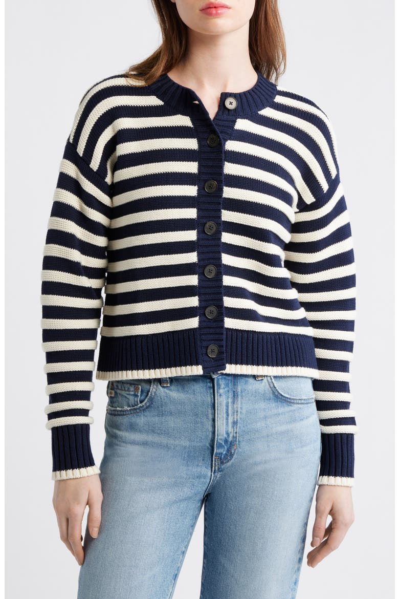Button Front Cotton Crewneck Cardigan, Main, color, CLASSIC IVORY STRIPE
