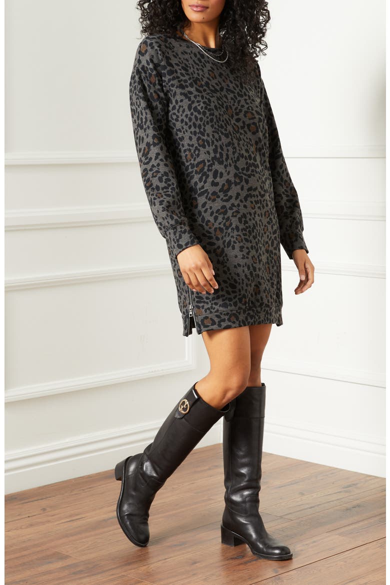 Leopard Print Zip Side Long Sleeve Sweatshirt Minidress, Alternate, color, PRINT