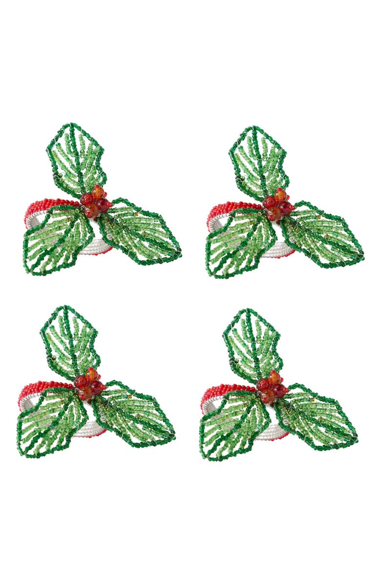 Design Imports Beaded Holly Set of 4 Napkin Rings, Main, color, Beaded Holly