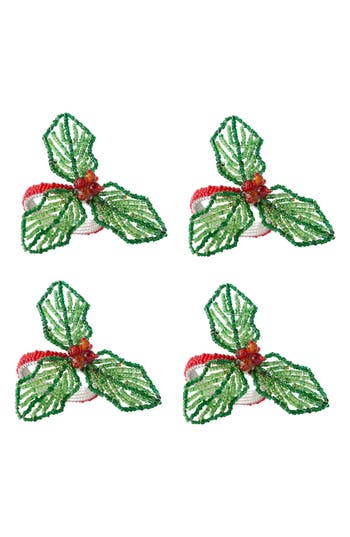 Design Imports Beaded Holly Set Of 4 Napkin Rings In Green