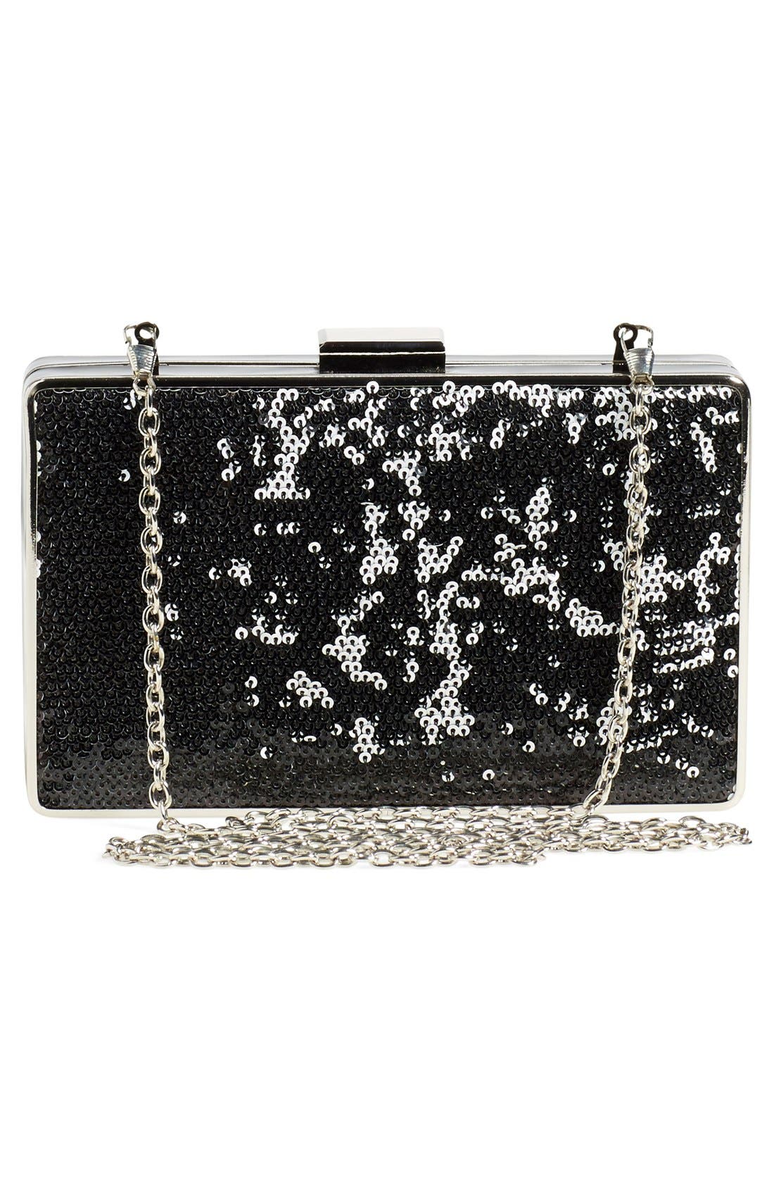 Sequin Box Clutch, Main, color, BLACK